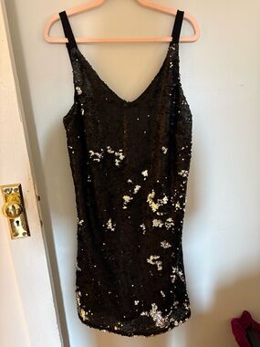Black Sequin Slip Dress with Gold Detail